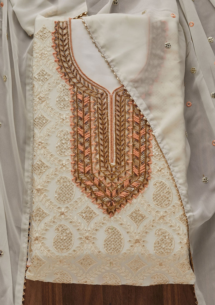 Cream Zardosi Georgette Designer Unstitched Salwar Suit - Koskii