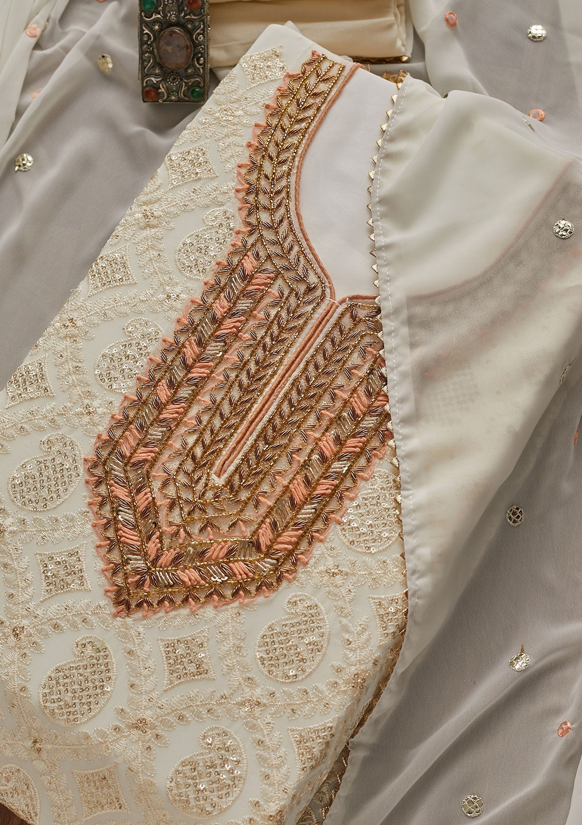 Cream Zardosi Georgette Designer Unstitched Salwar Suit - Koskii