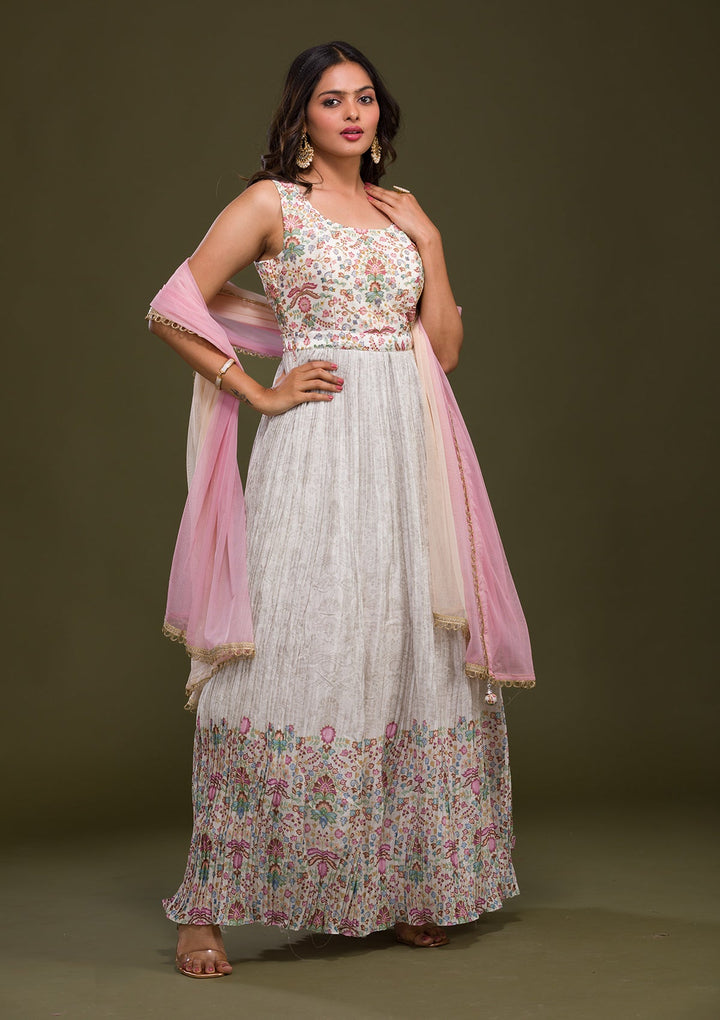 Cream Zariwork Art Silk Readymade Salwar Kameez-Koskii