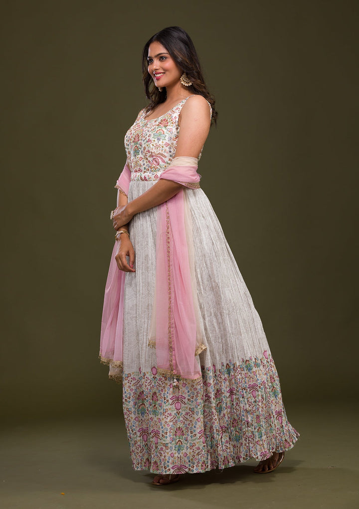 Cream Zariwork Art Silk Readymade Salwar Kameez-Koskii