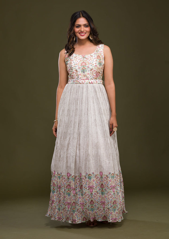 Cream Zariwork Art Silk Readymade Salwar Kameez-Koskii