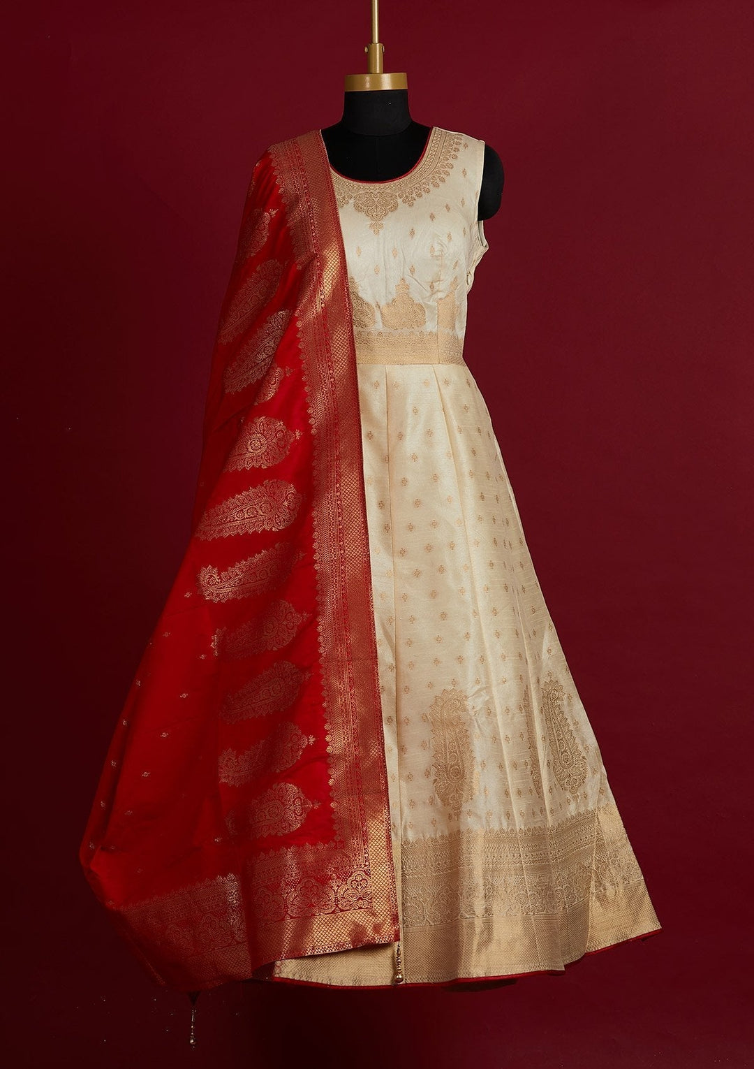 Cream Zariwork Banarasi Designer Gown - Koskii