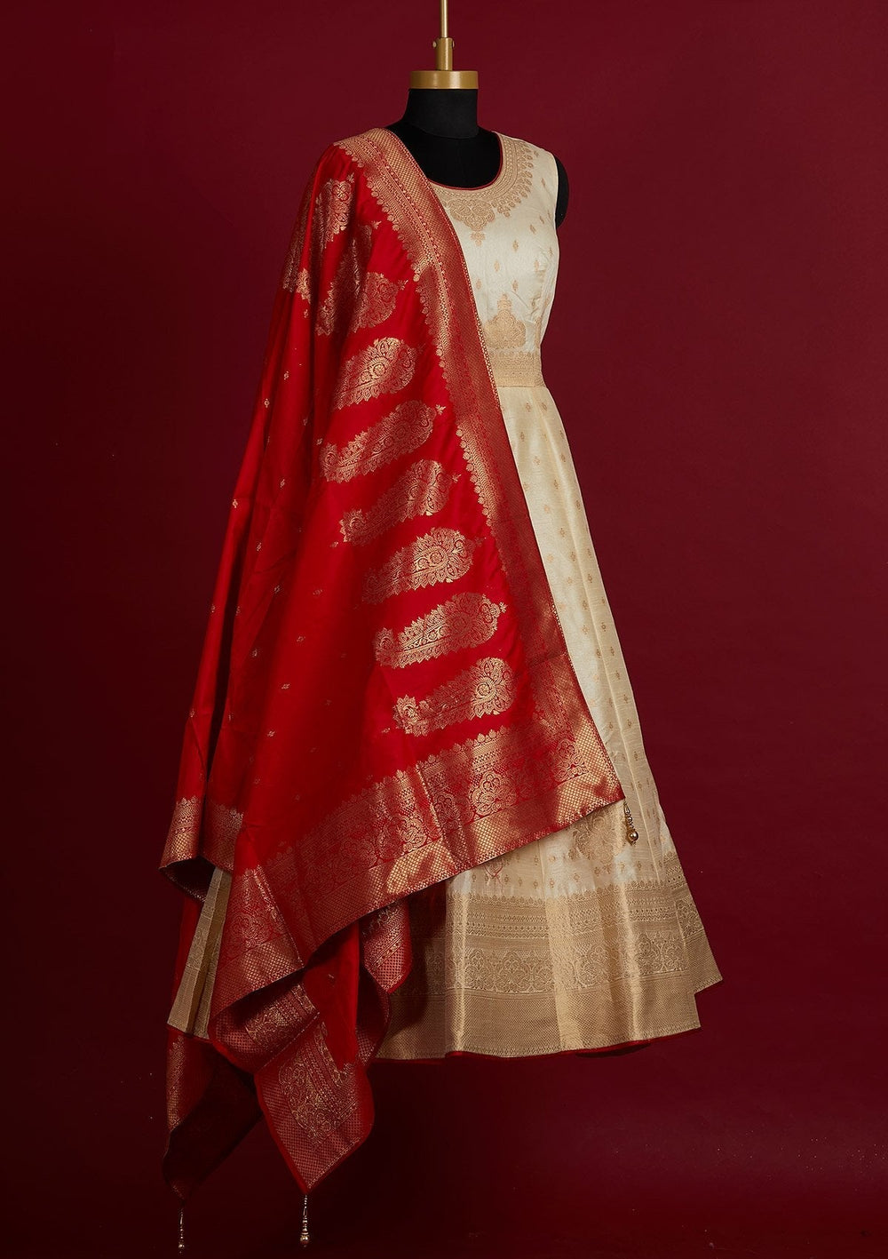 Cream Zariwork Banarasi Designer Gown - Koskii