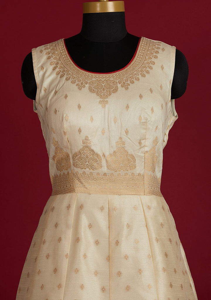 Cream Zariwork Banarasi Designer Gown - Koskii
