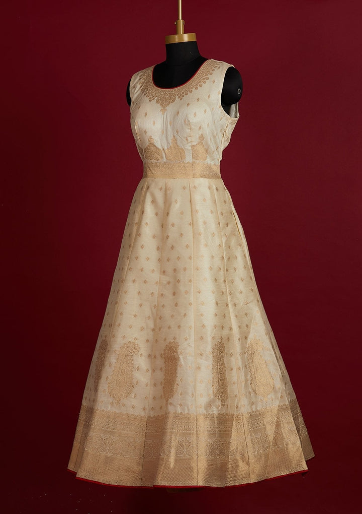 Cream Zariwork Banarasi Designer Gown - Koskii