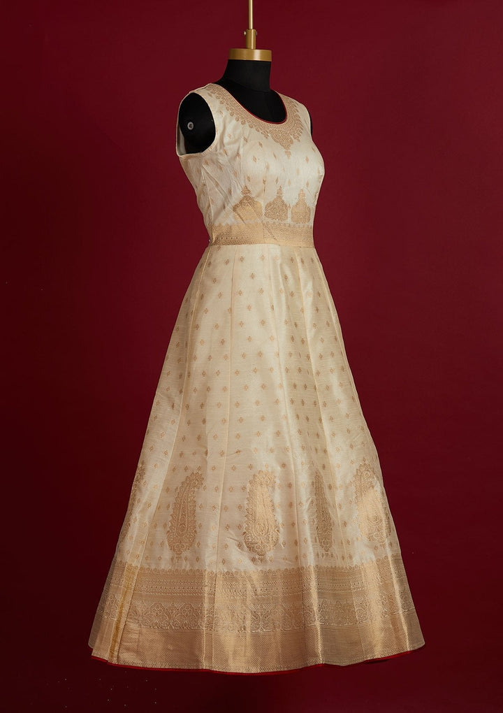 Cream Zariwork Banarasi Designer Gown - Koskii