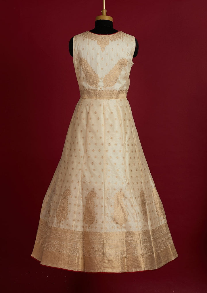 Cream Zariwork Banarasi Designer Gown - Koskii