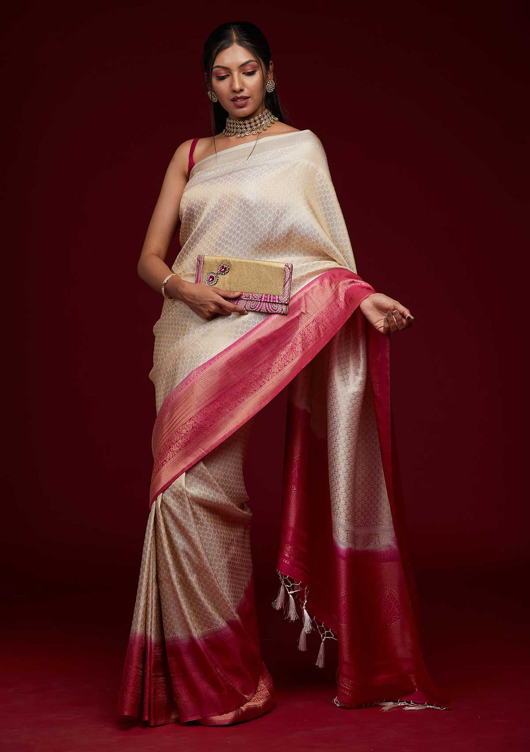 Cream Zariwork Brocade Saree - Koskii