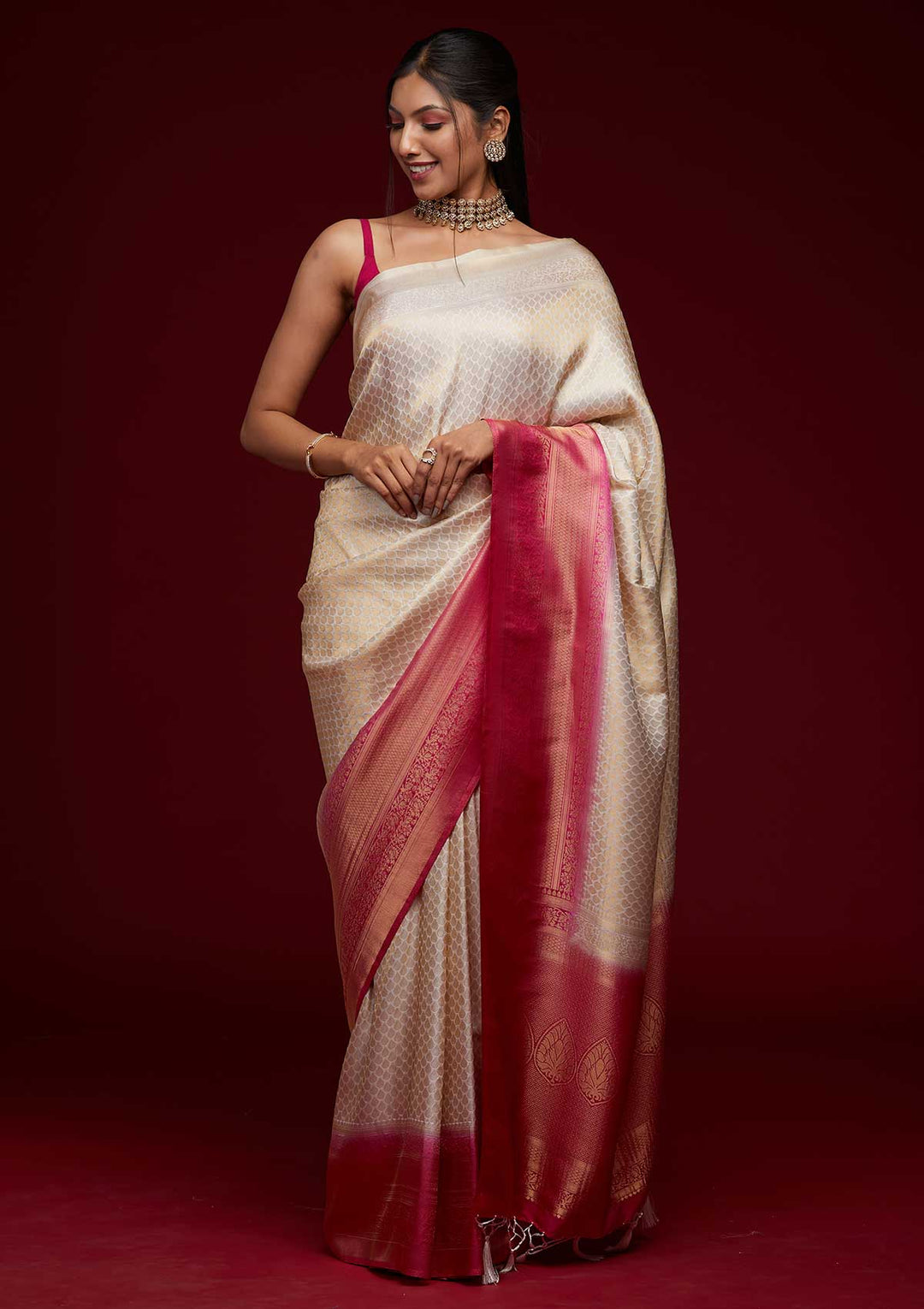 Cream Zariwork Brocade Saree - Koskii