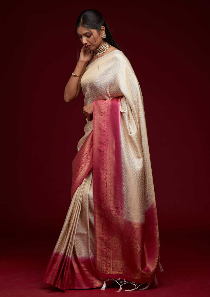 Cream Zariwork Brocade Saree - Koskii