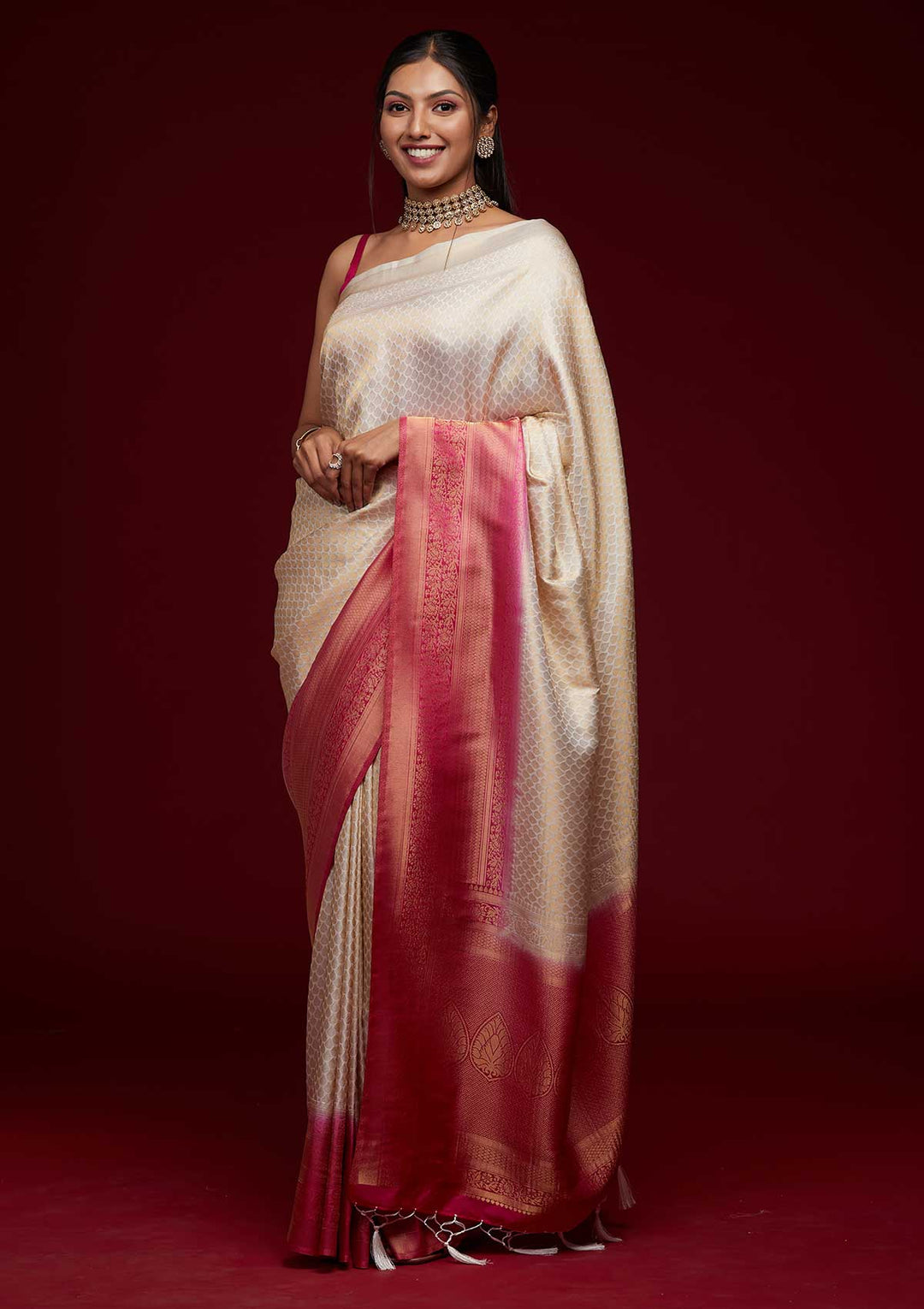 Cream Zariwork Brocade Saree - Koskii