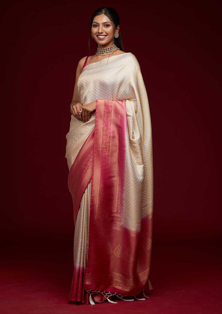 Cream Zariwork Brocade Saree - Koskii