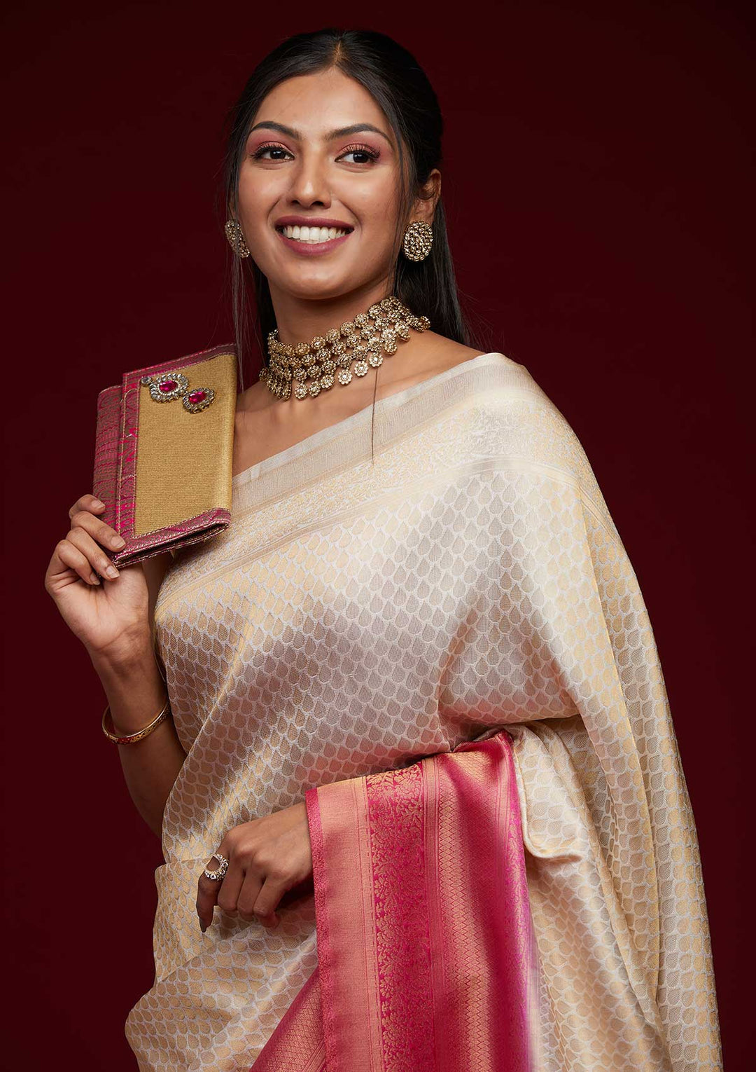 Cream Zariwork Brocade Saree - Koskii