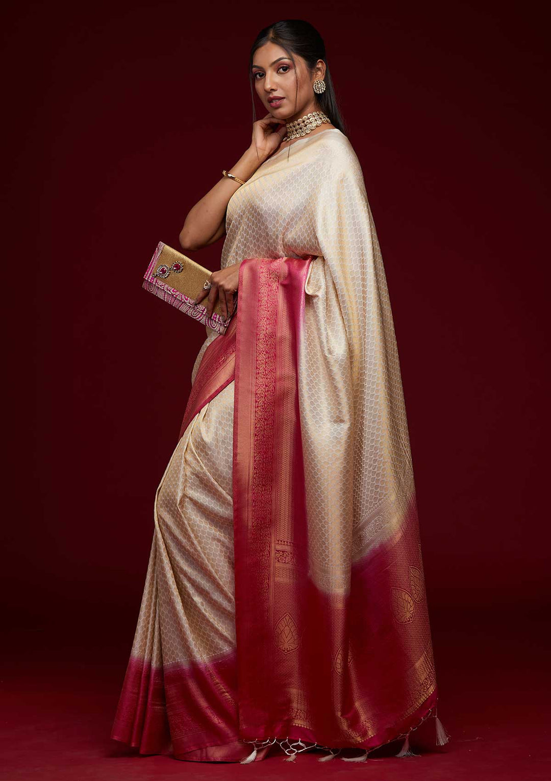 Cream Zariwork Brocade Saree - Koskii