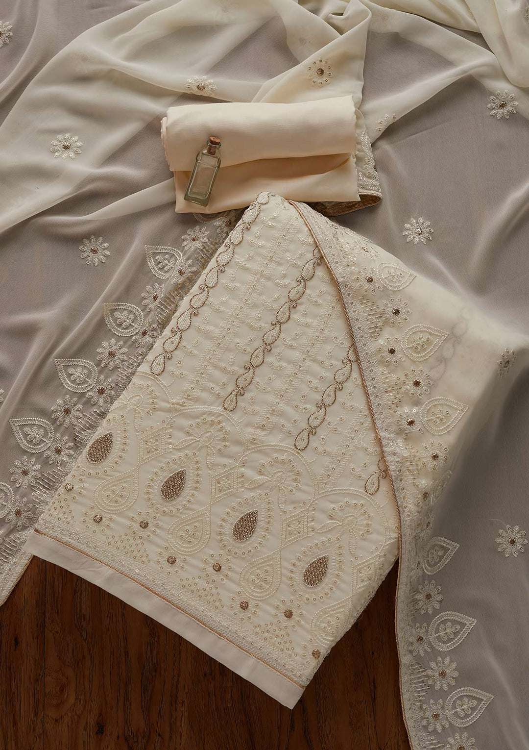 Cream Zariwork Chiffon Designer Unstitched Salwar Suit - Koskii