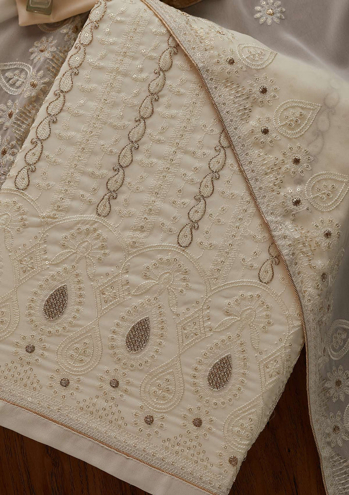 Cream Zariwork Chiffon Designer Unstitched Salwar Suit - Koskii