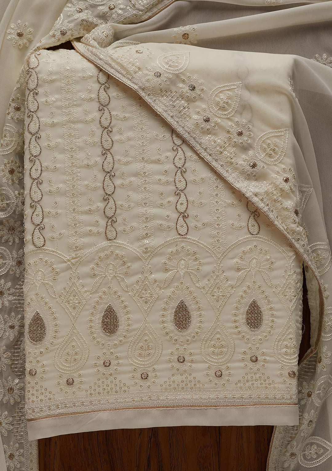 Cream Zariwork Chiffon Designer Unstitched Salwar Suit - Koskii