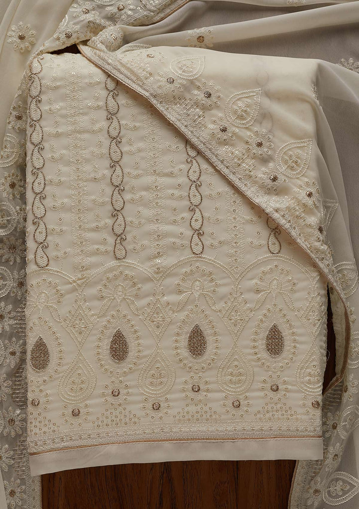 Cream Zariwork Chiffon Designer Unstitched Salwar Suit - Koskii