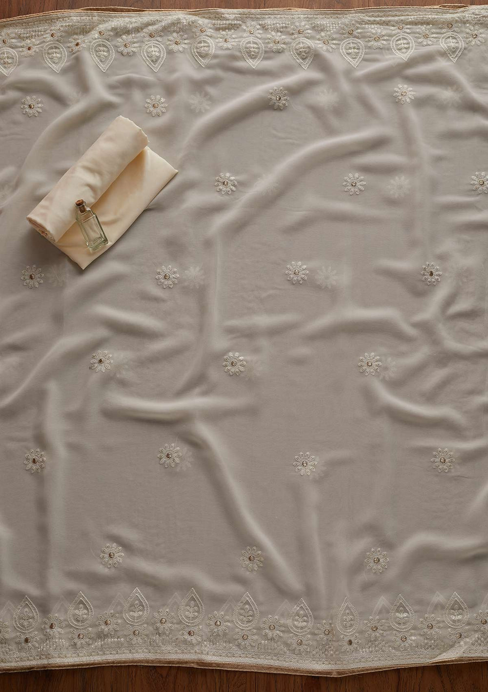 Cream Zariwork Chiffon Designer Unstitched Salwar Suit - Koskii