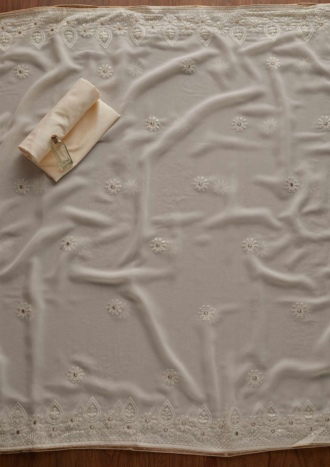 Cream Zariwork Chiffon Designer Unstitched Salwar Suit - Koskii