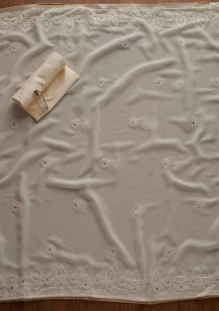 Cream Zariwork Chiffon Designer Unstitched Salwar Suit - Koskii