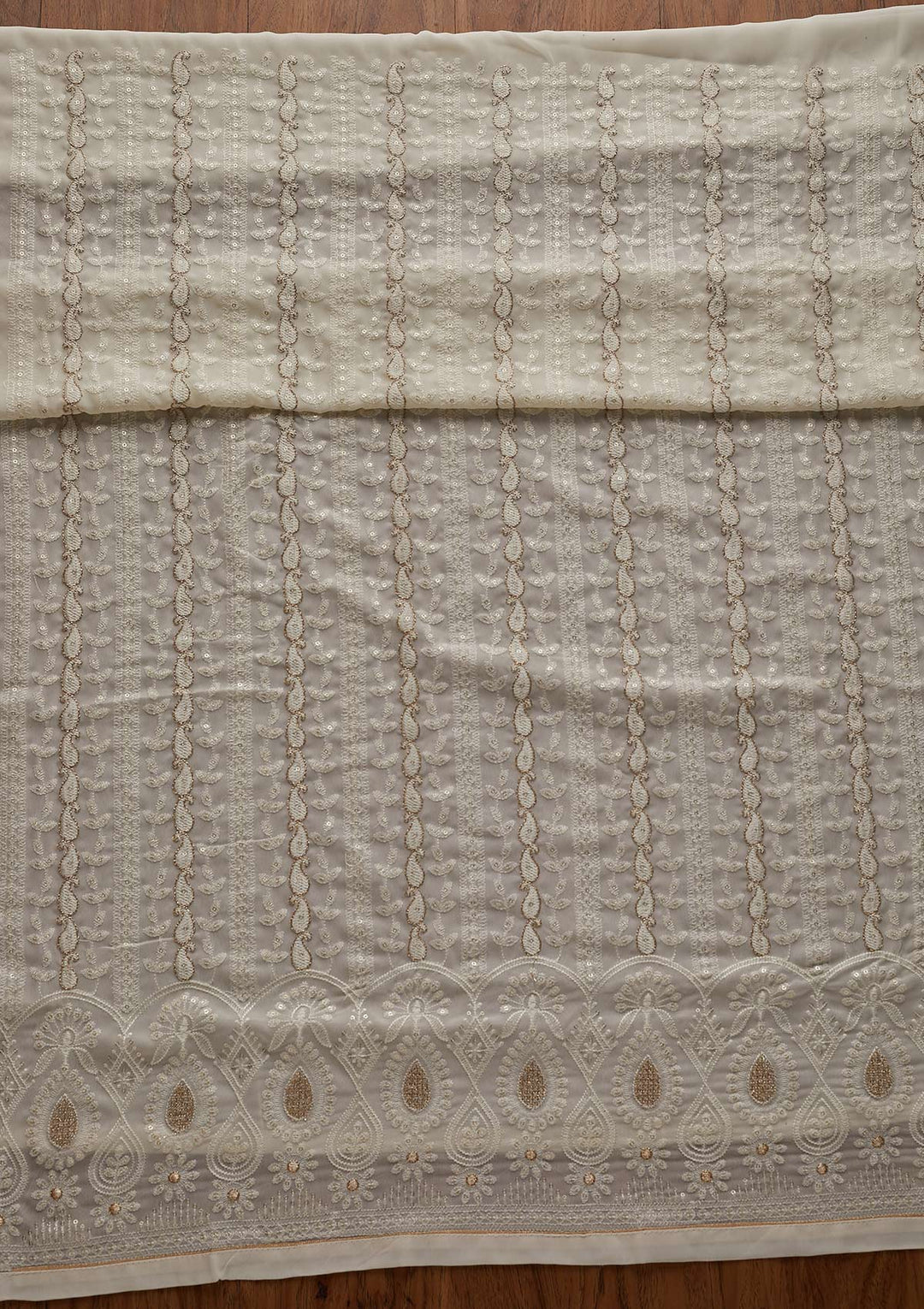 Cream Zariwork Chiffon Designer Unstitched Salwar Suit - Koskii