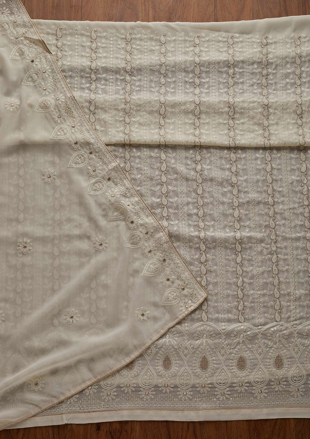 Cream Zariwork Chiffon Designer Unstitched Salwar Suit - Koskii