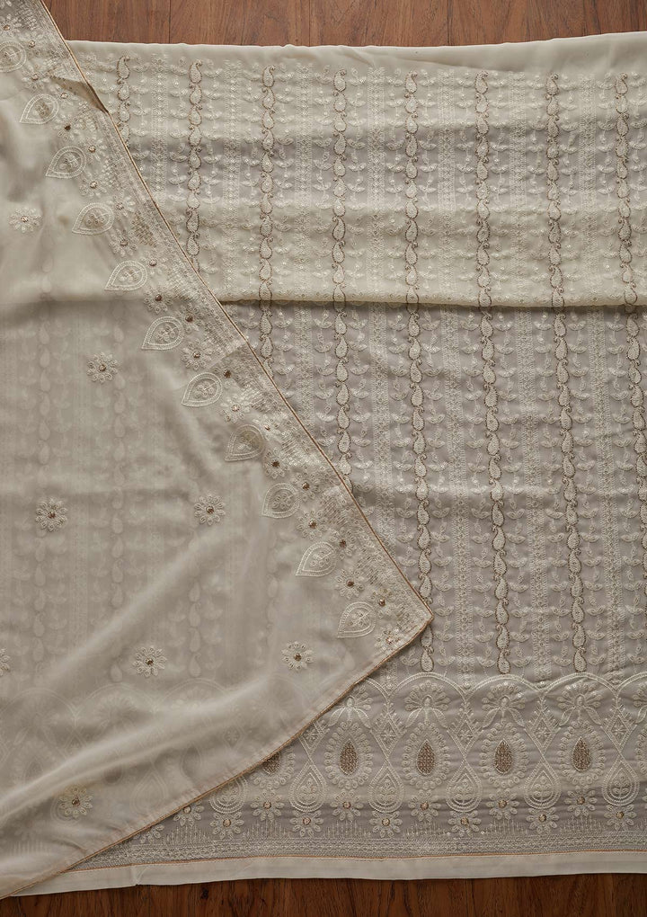 Cream Zariwork Chiffon Designer Unstitched Salwar Suit - Koskii