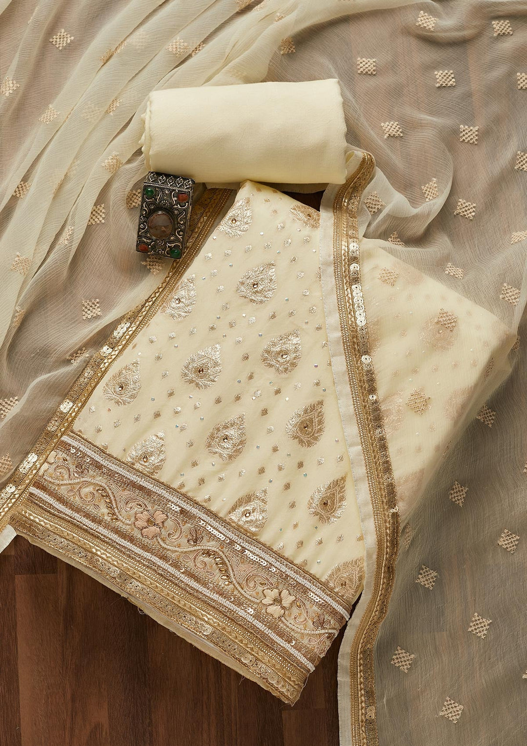Cream Zariwork Georgette Semi-Stitched Salwar Suit-Koskii