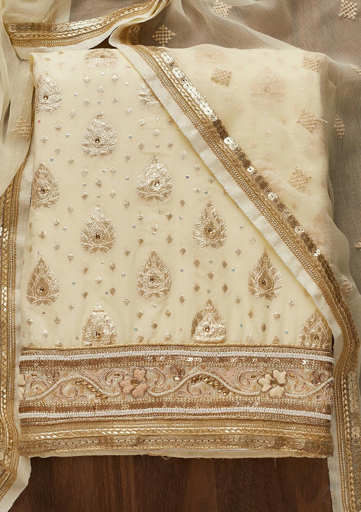 Cream Zariwork Georgette Semi-Stitched Salwar Suit-Koskii