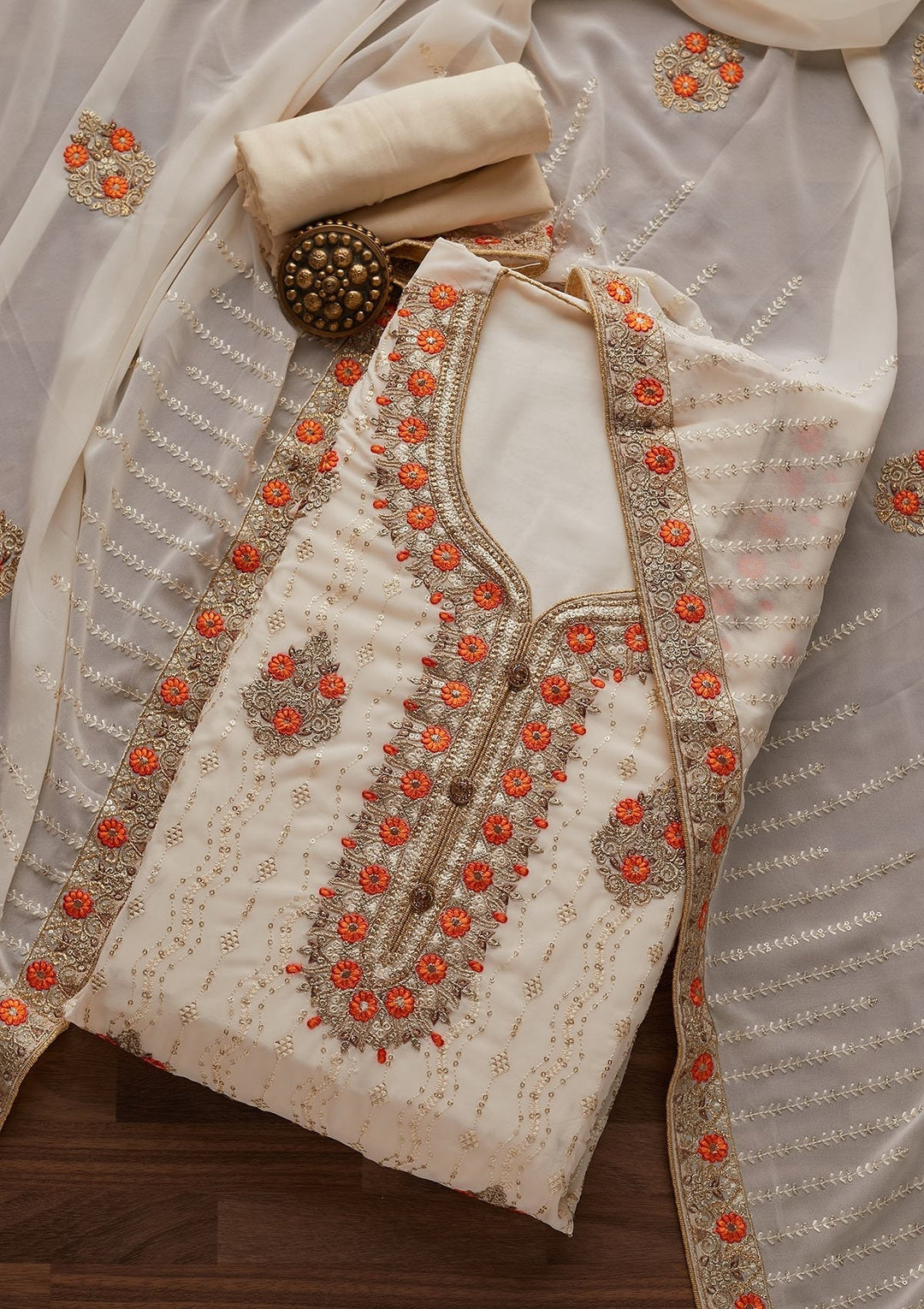 Cream Zariwork Georgette Designer Unstitched Salwar Suit - Koskii