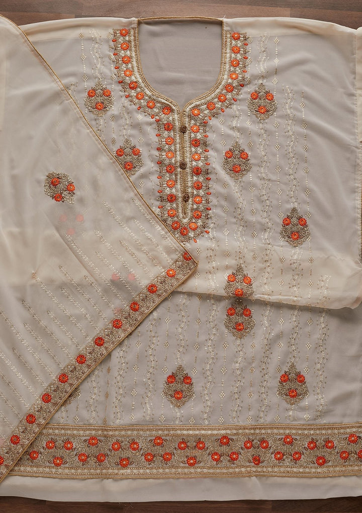 Cream Zariwork Georgette Designer Unstitched Salwar Suit - Koskii