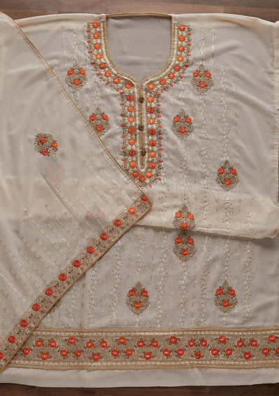 Cream Zariwork Georgette Designer Unstitched Salwar Suit - Koskii