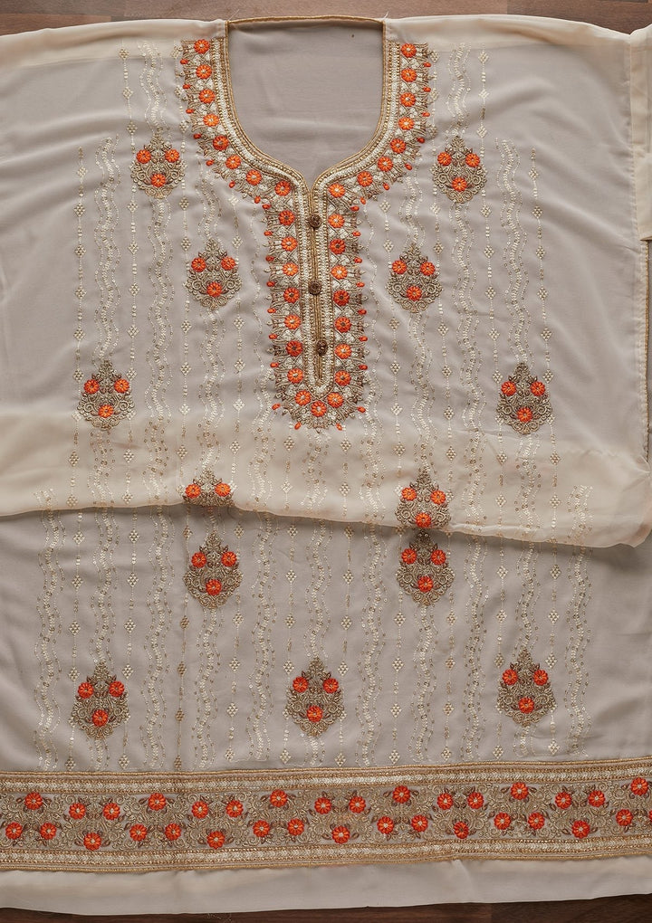 Cream Zariwork Georgette Designer Unstitched Salwar Suit - Koskii