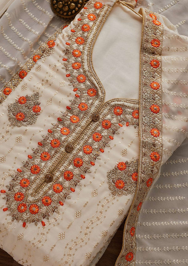 Cream Zariwork Georgette Designer Unstitched Salwar Suit - Koskii