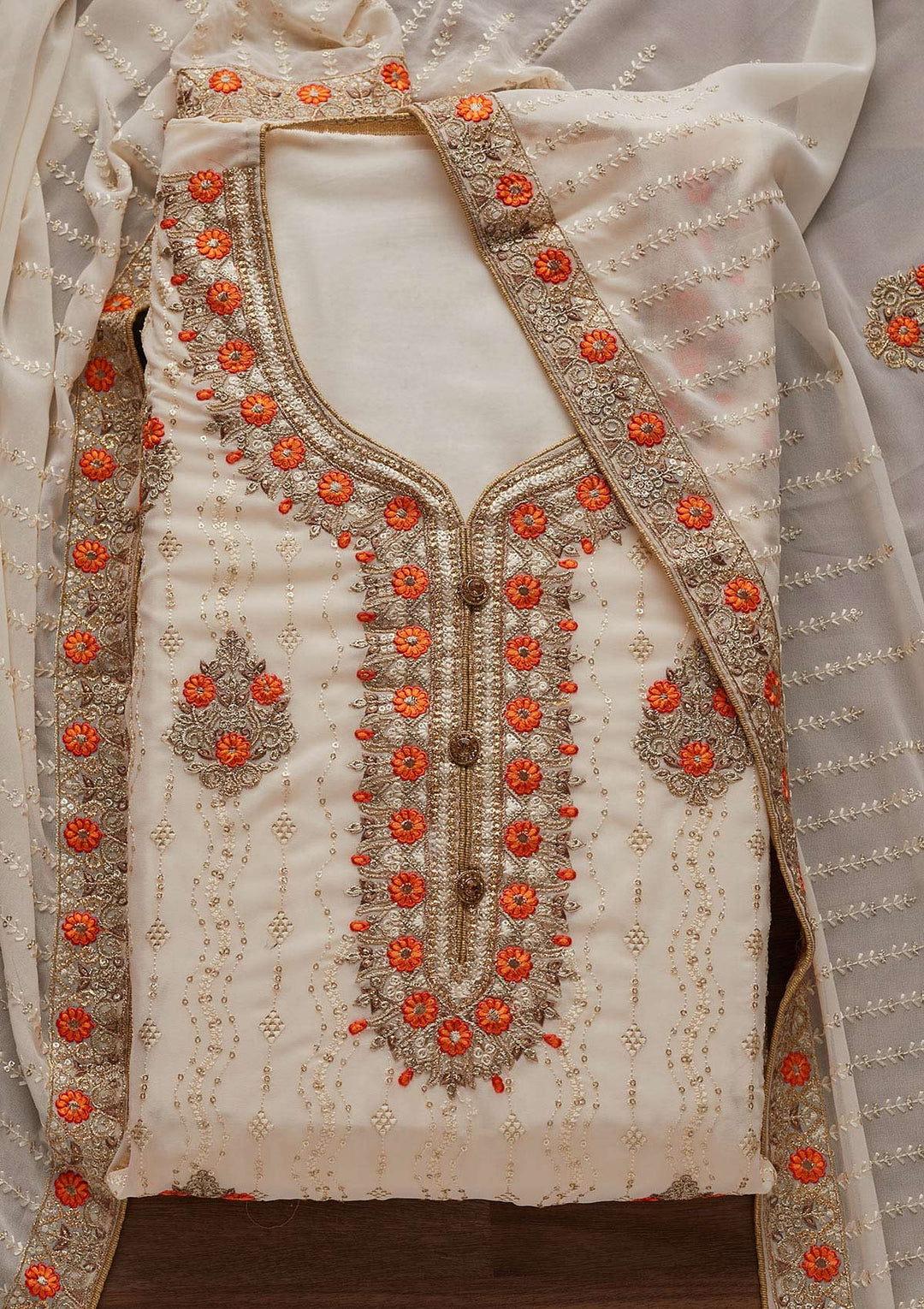 Cream Zariwork Georgette Designer Unstitched Salwar Suit - Koskii