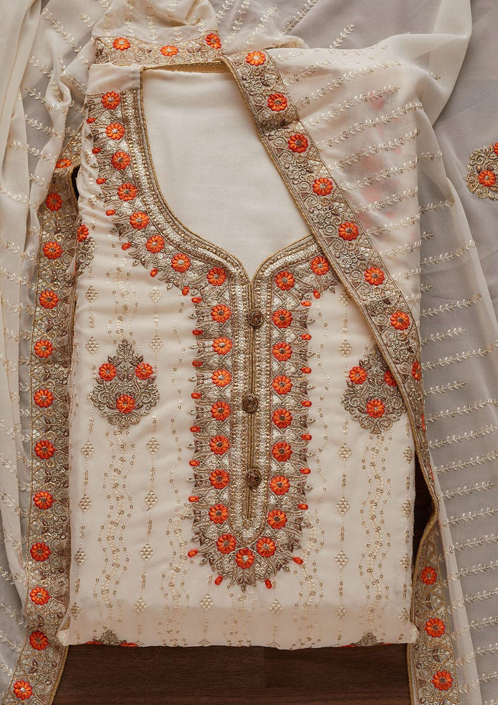 Cream Zariwork Georgette Designer Unstitched Salwar Suit - Koskii