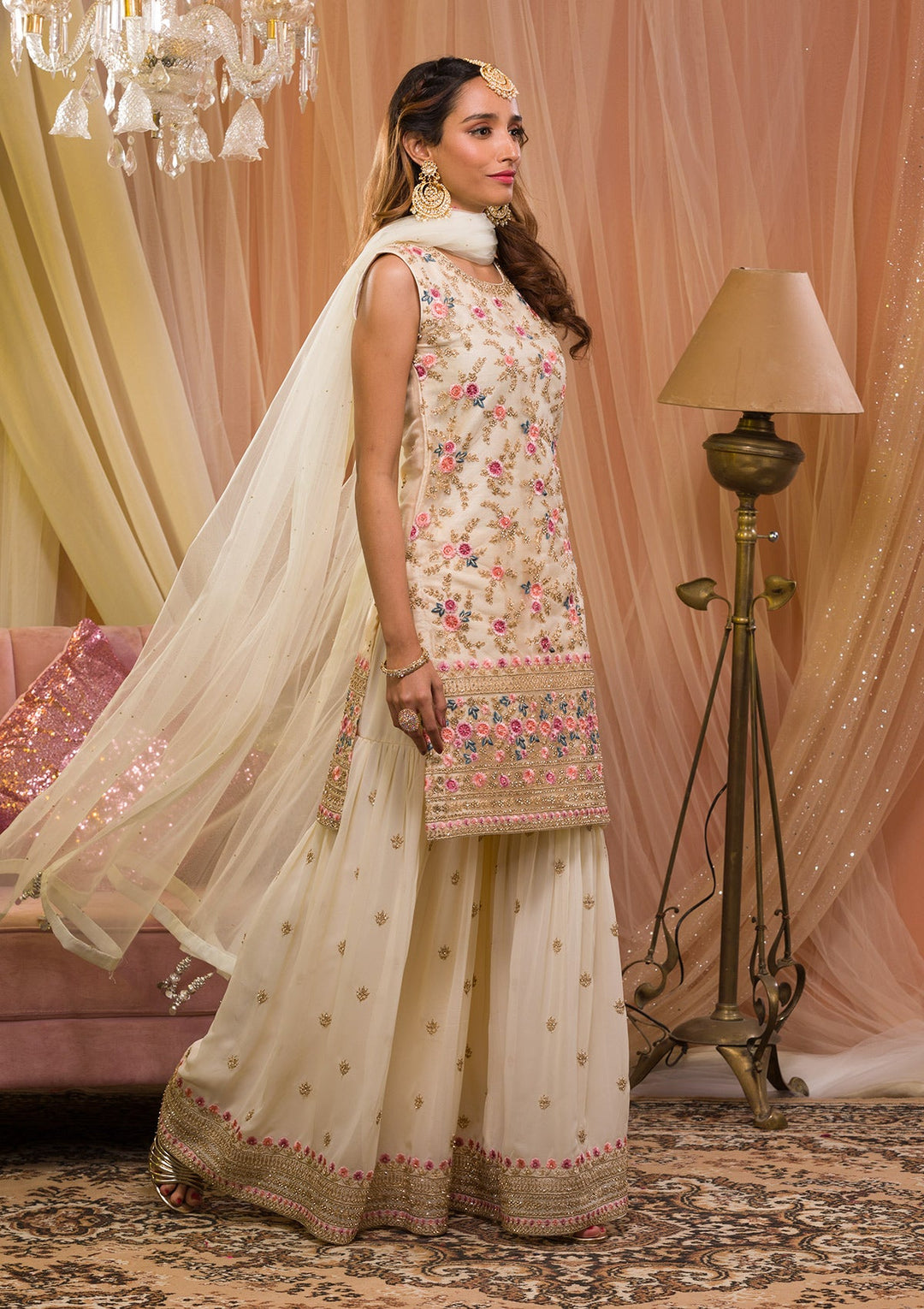 Cream Zariwork Net Readymade Salwar Kameez-Koskii