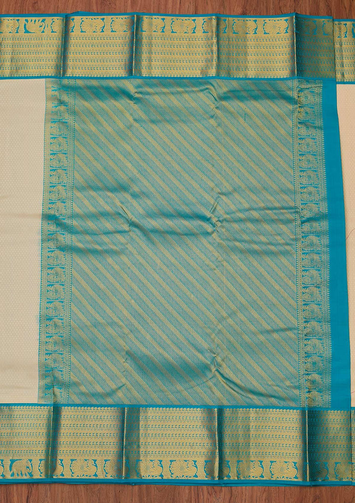 Cream Zariwork Pure Silk Designer Unstitched Saree - Koskii