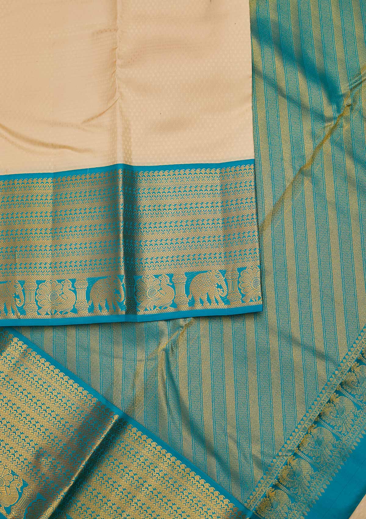 Cream Zariwork Pure Silk Designer Unstitched Saree - Koskii