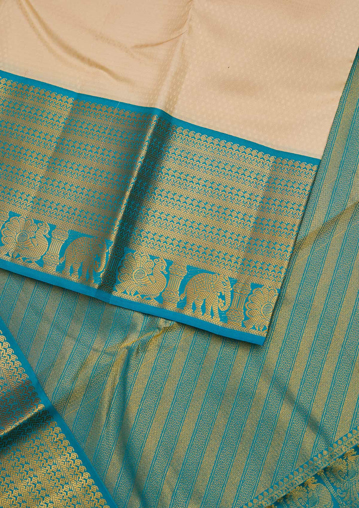 Cream Zariwork Pure Silk Designer Unstitched Saree - Koskii