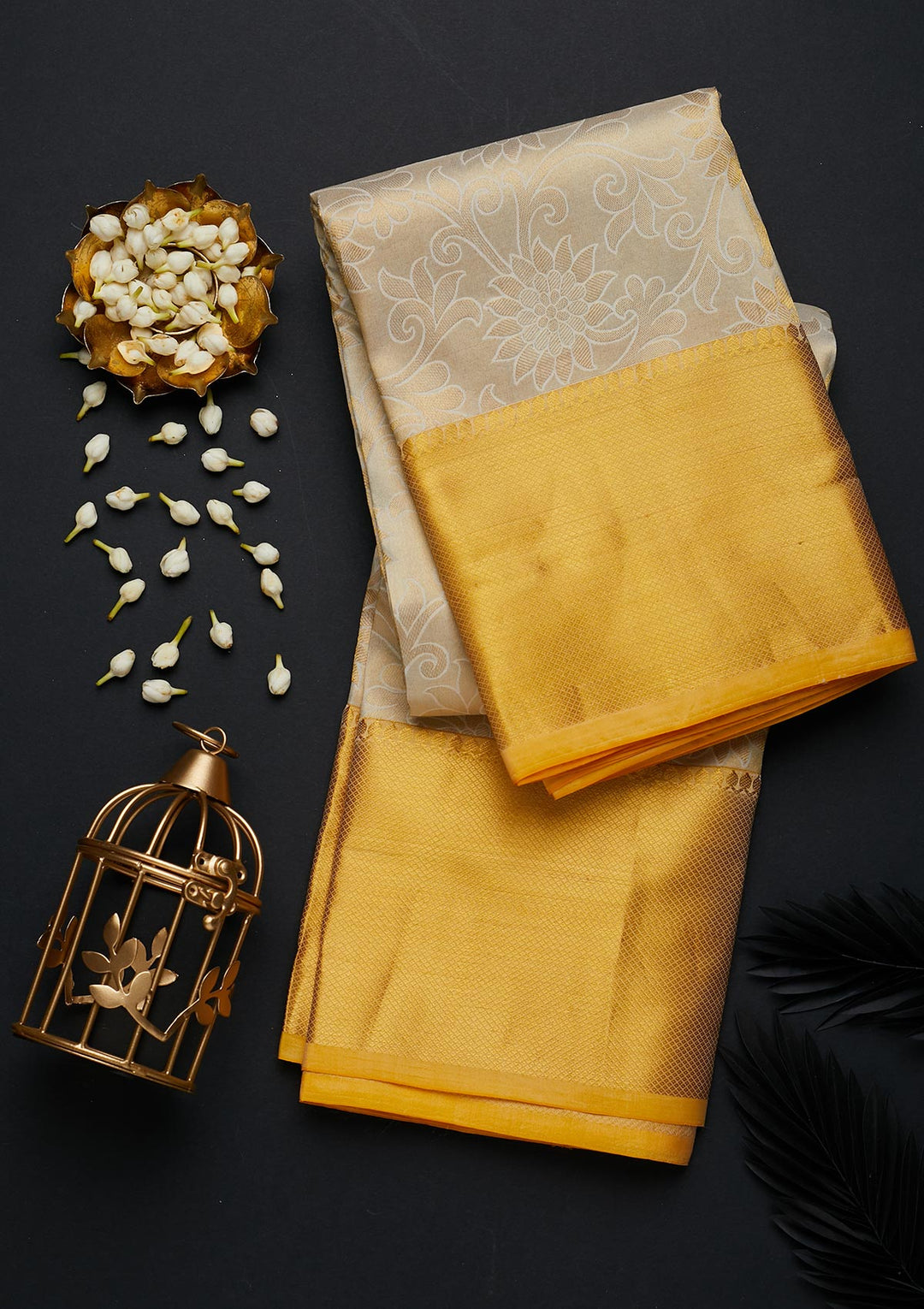 Cream Zariwork Pure Silk Designer Saree - Koskii