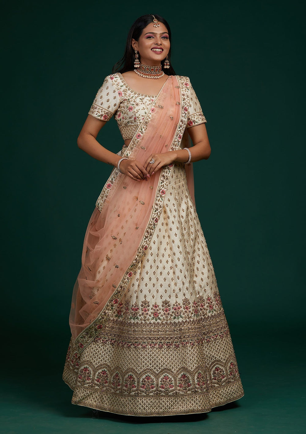 Cream Zariwork Raw Silk Designer Lehenga-Koskii