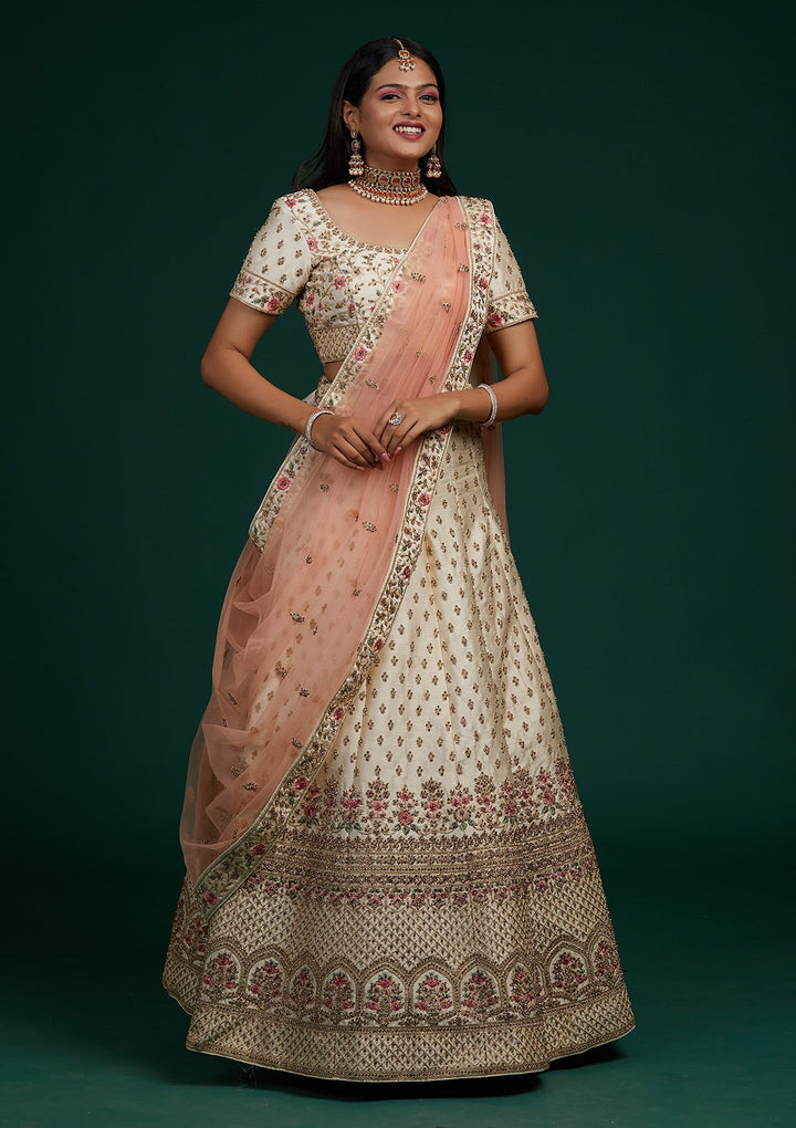 Cream Zariwork Raw Silk Designer Lehenga-Koskii