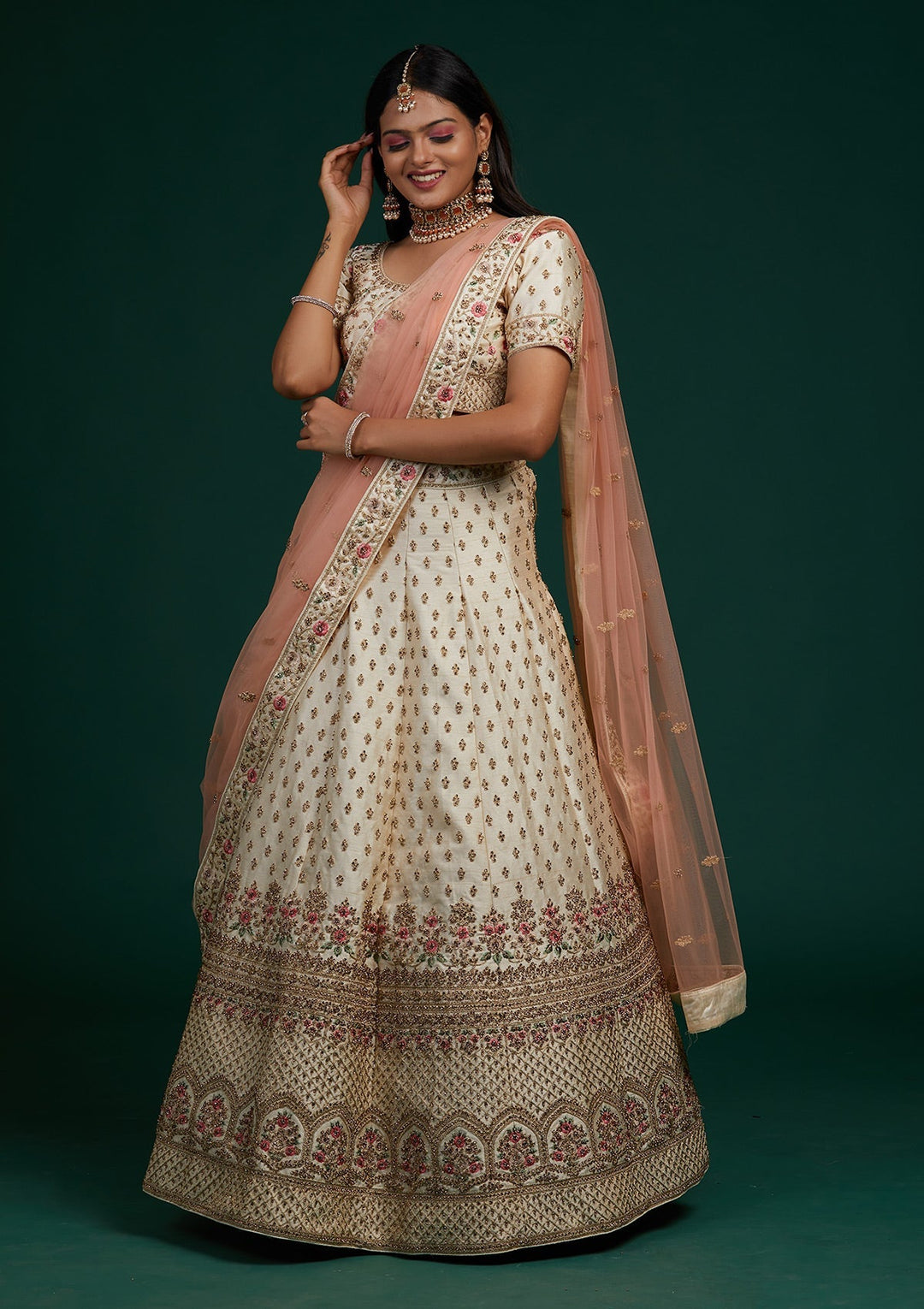 Cream Zariwork Raw Silk Designer Lehenga-Koskii