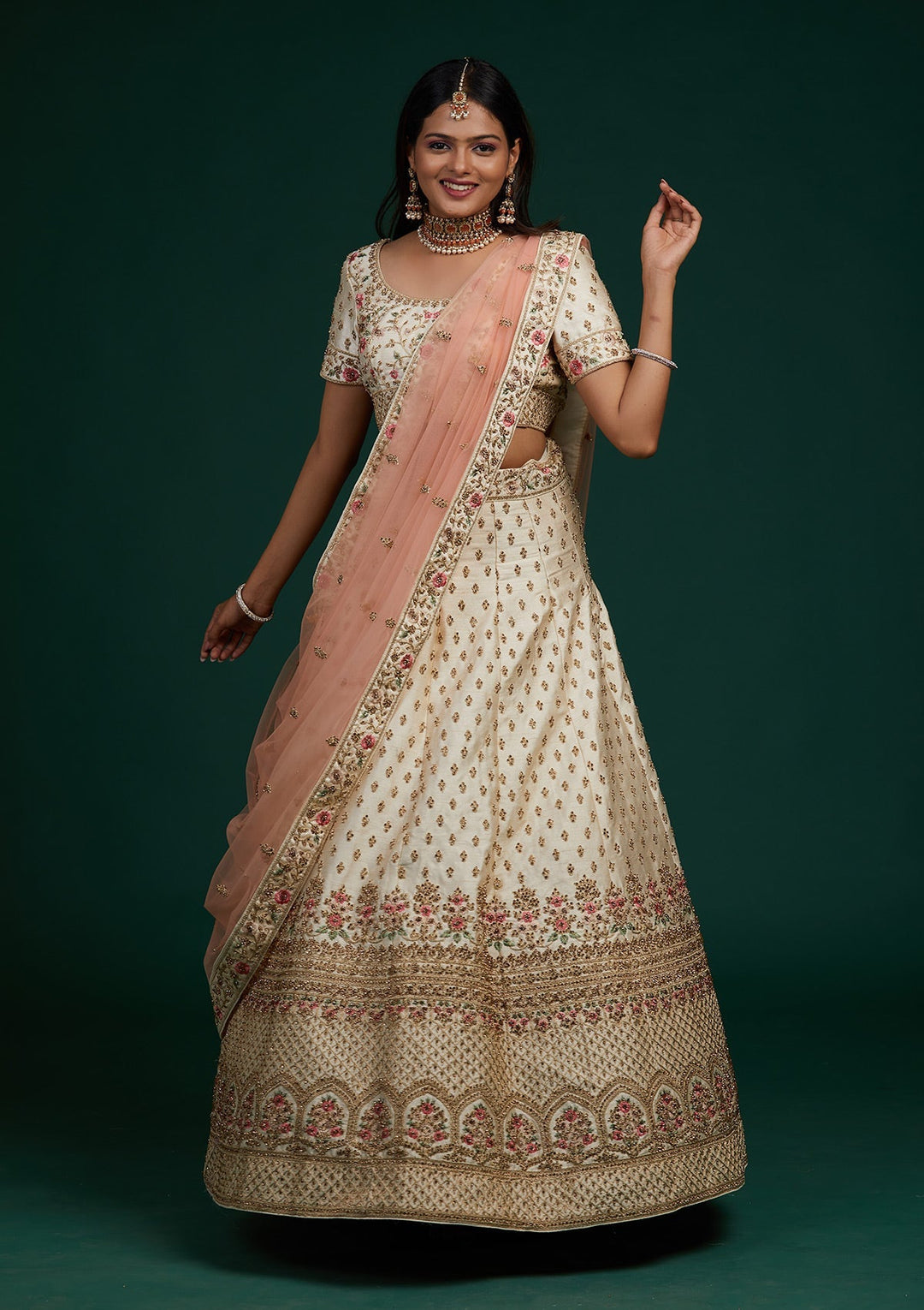 Cream Zariwork Raw Silk Designer Lehenga-Koskii