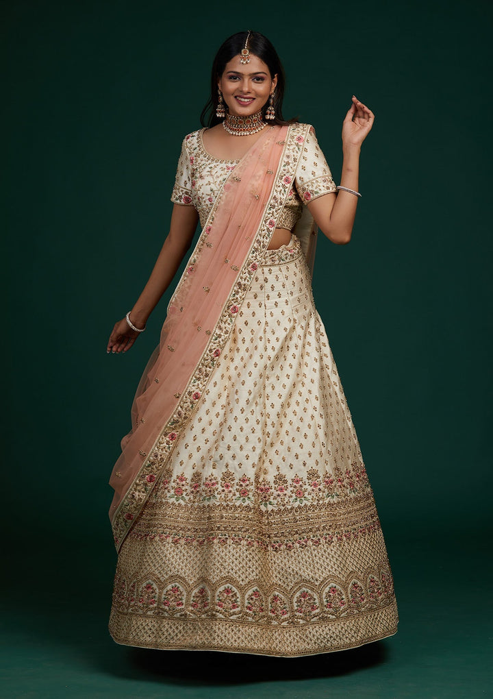 Cream Zariwork Raw Silk Designer Lehenga-Koskii