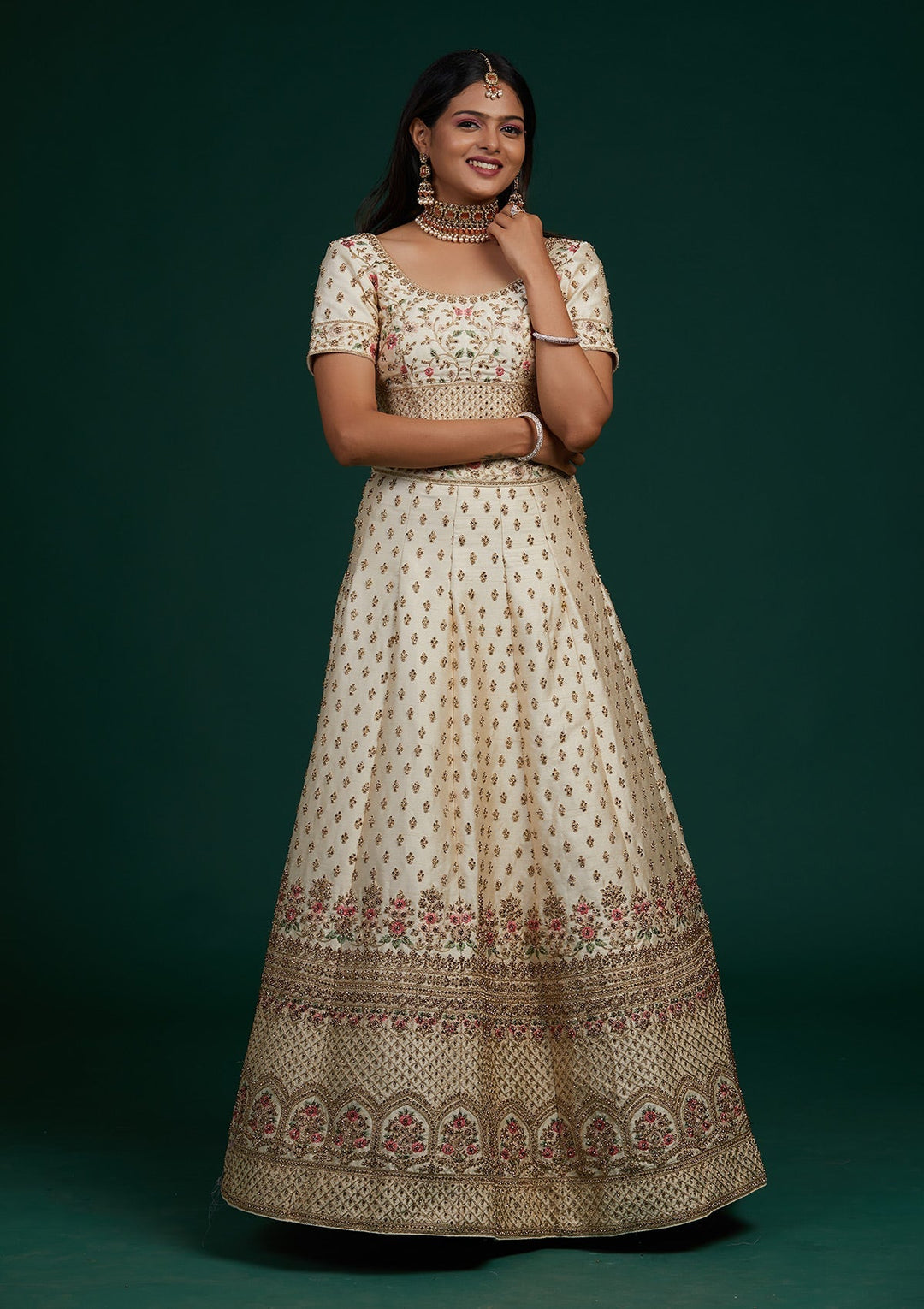 Cream Zariwork Raw Silk Designer Lehenga-Koskii
