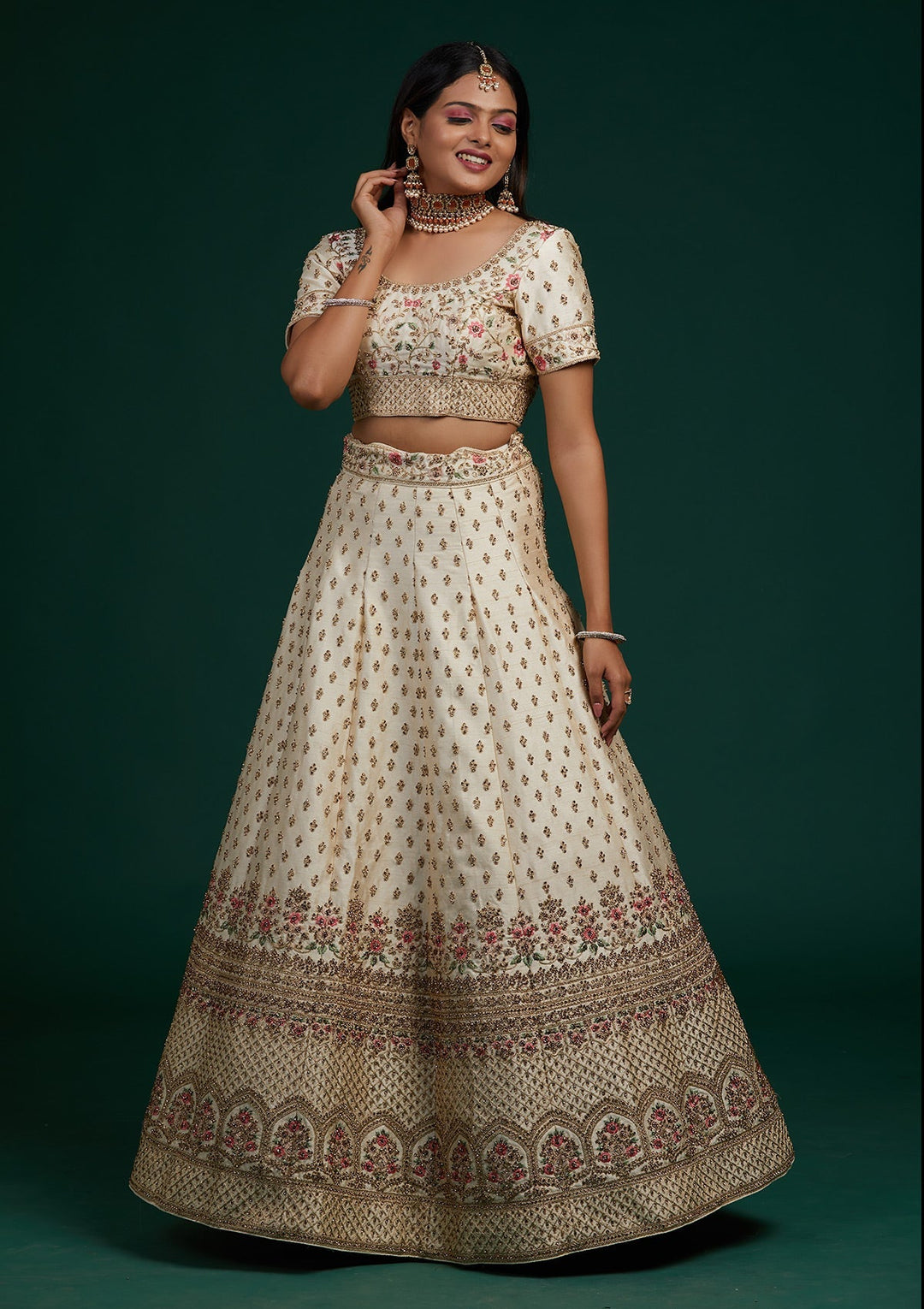 Cream Zariwork Raw Silk Designer Lehenga-Koskii