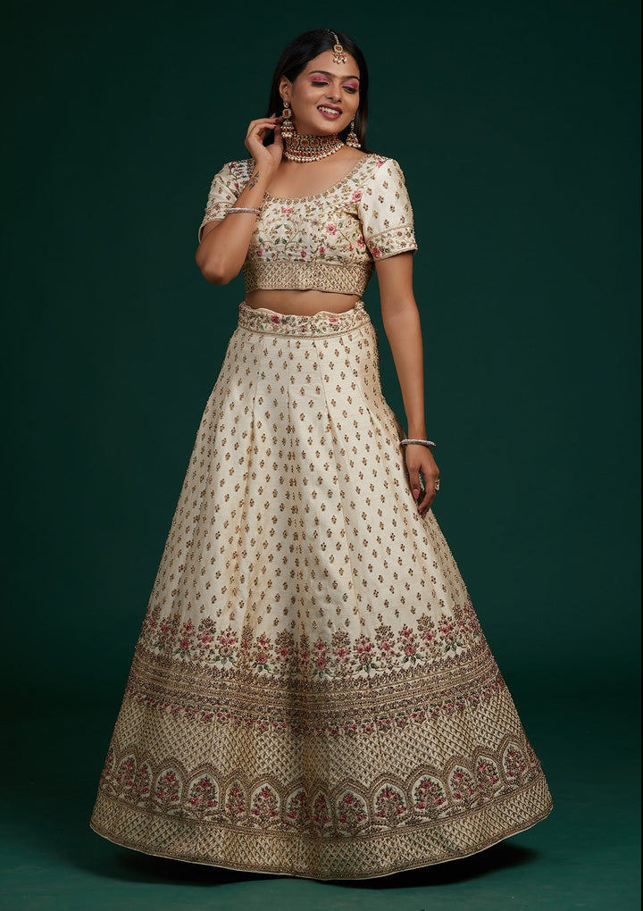 Cream Zariwork Raw Silk Designer Lehenga-Koskii